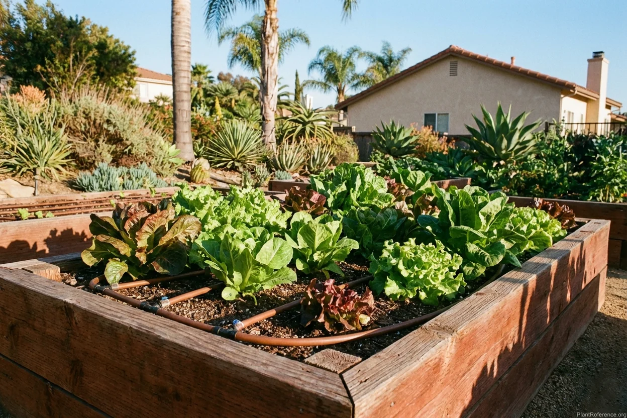 Lettuce growing in San Diego Zone 10b raised bed with drip irrigation system