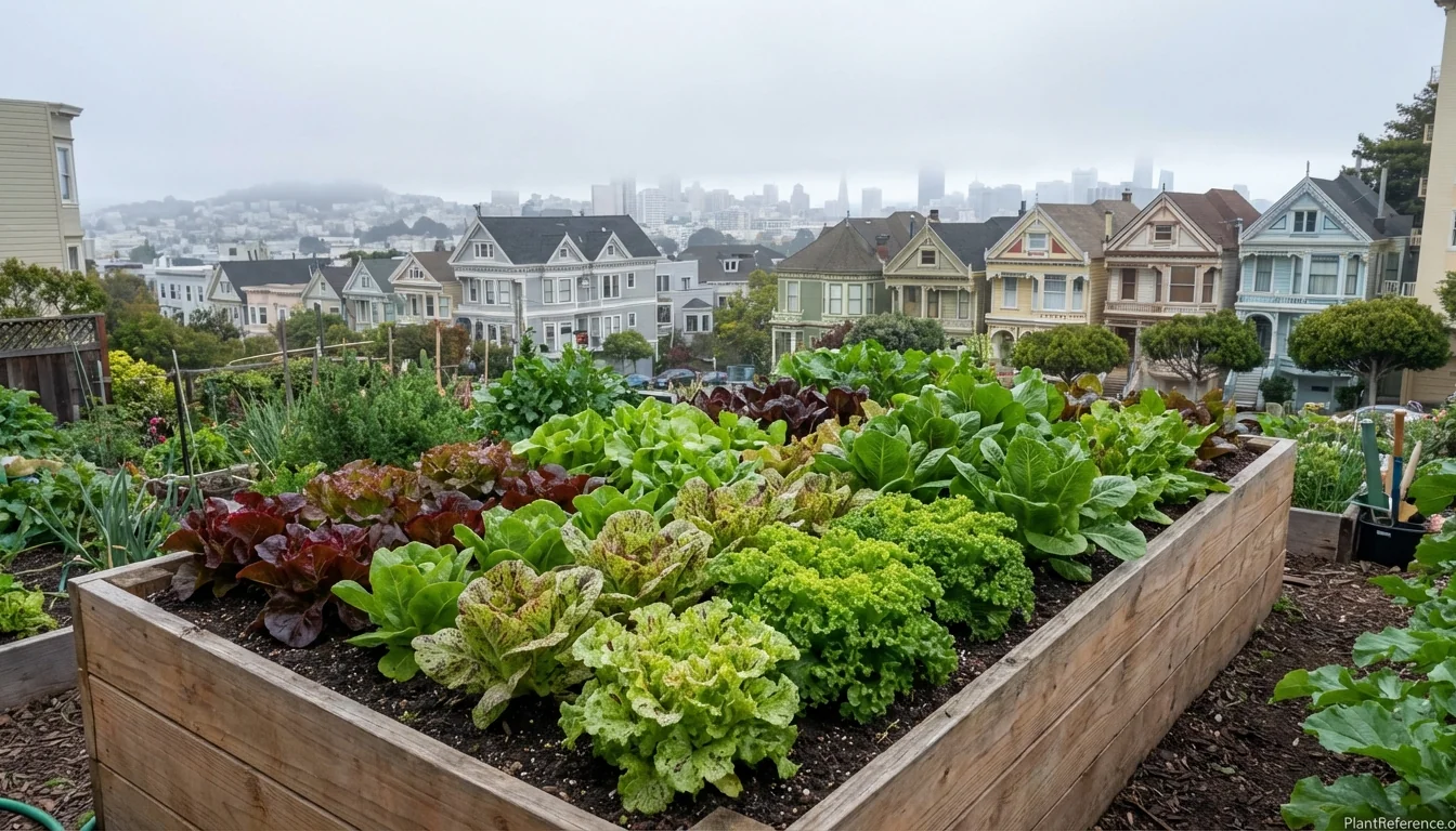 Multiple lettuce varieties growing in San Francisco Zone 10a garden with fog-cooled conditions