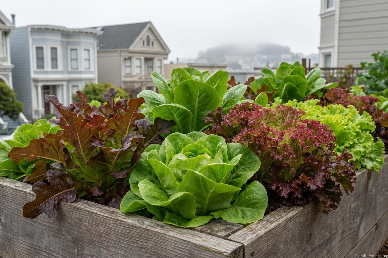 Lettuce thriving year-round in San Francisco Zone 10a fog-cooled garden
