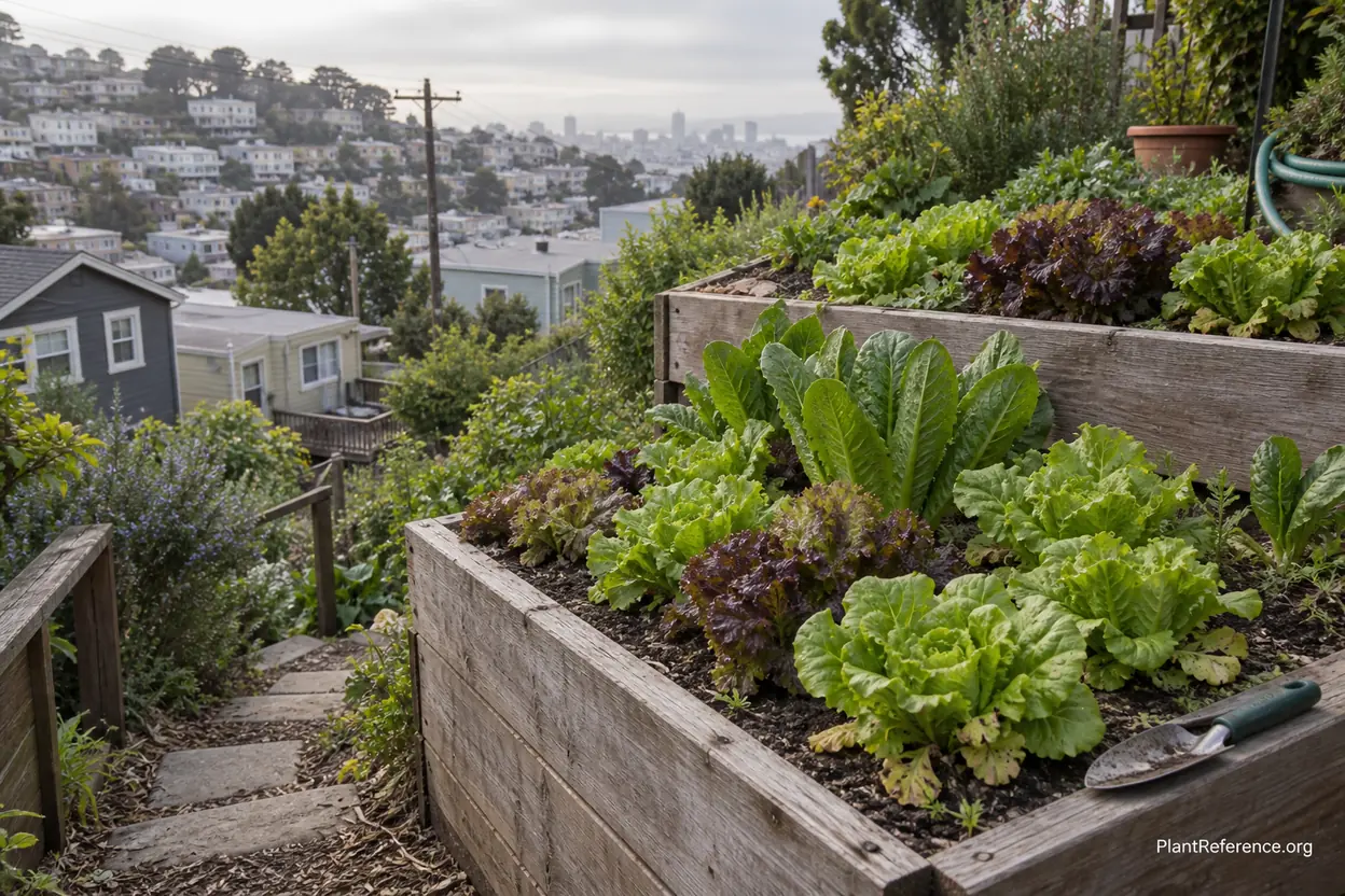Lettuce in terraced beds on San Francisco hillside garden