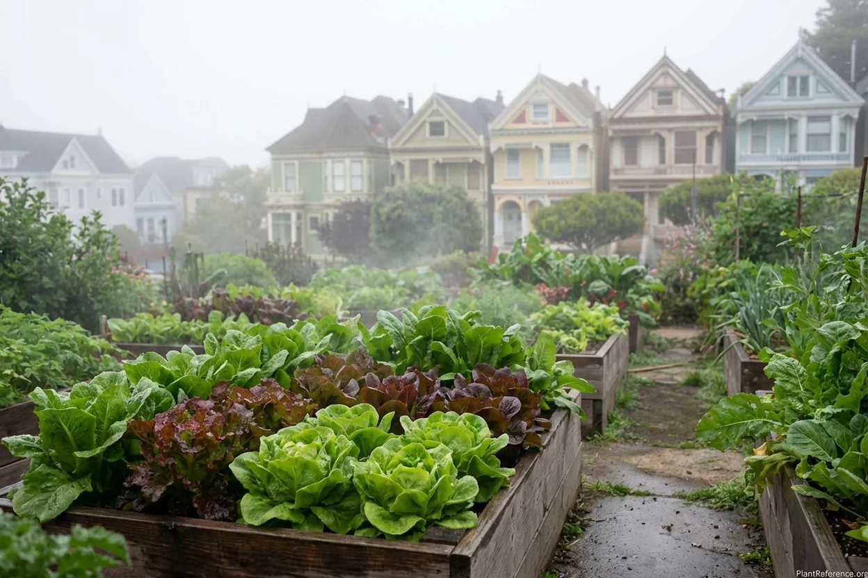 Lettuce producing in San Francisco garden during foggy summer afternoon