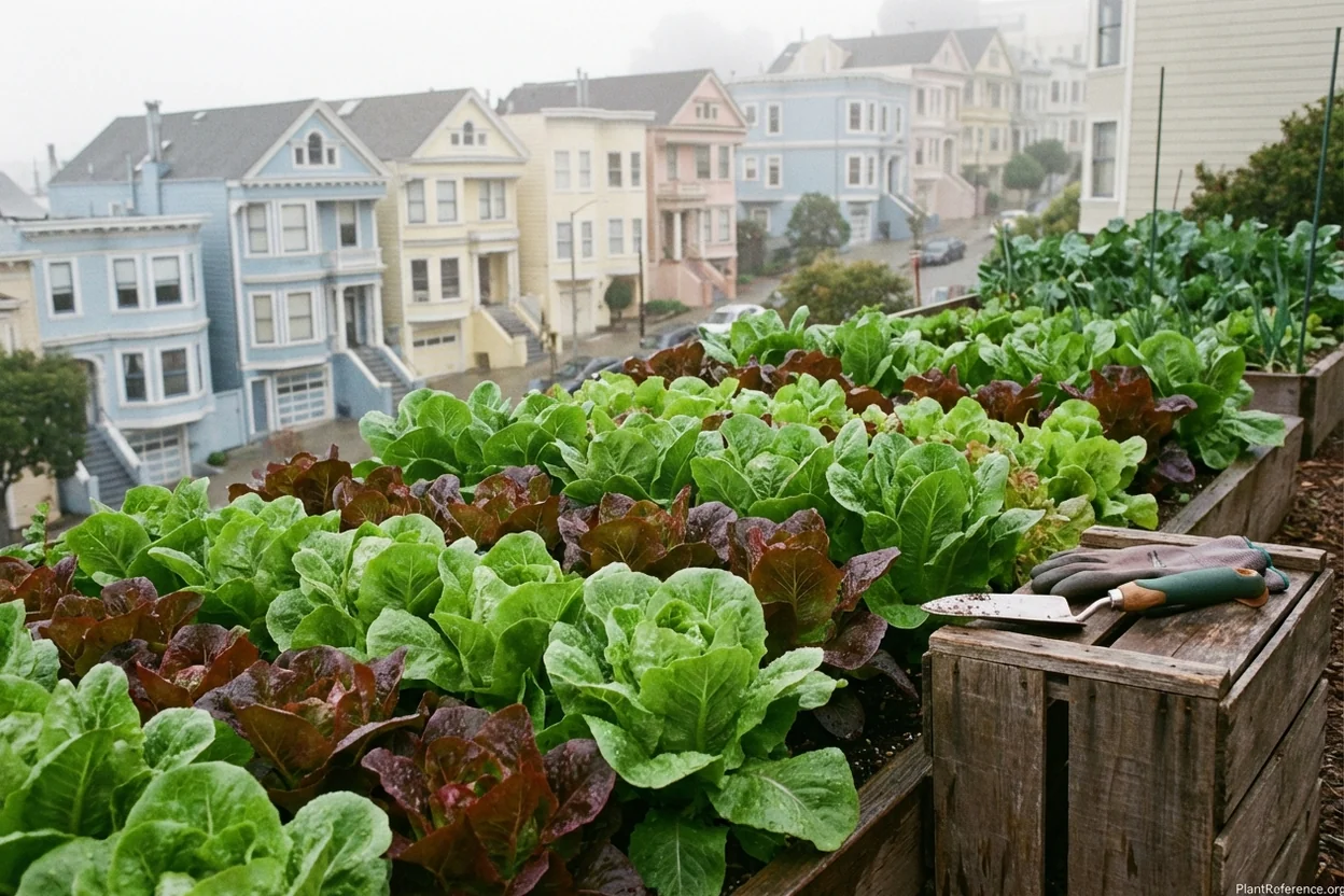 Lettuce growing in San Francisco Sunset district fog-cooled garden