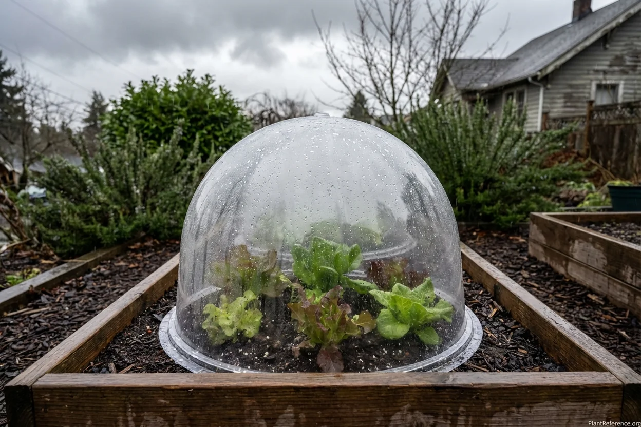 Lettuce growing under a plastic cloche in Seattle Zone 8b winter garden