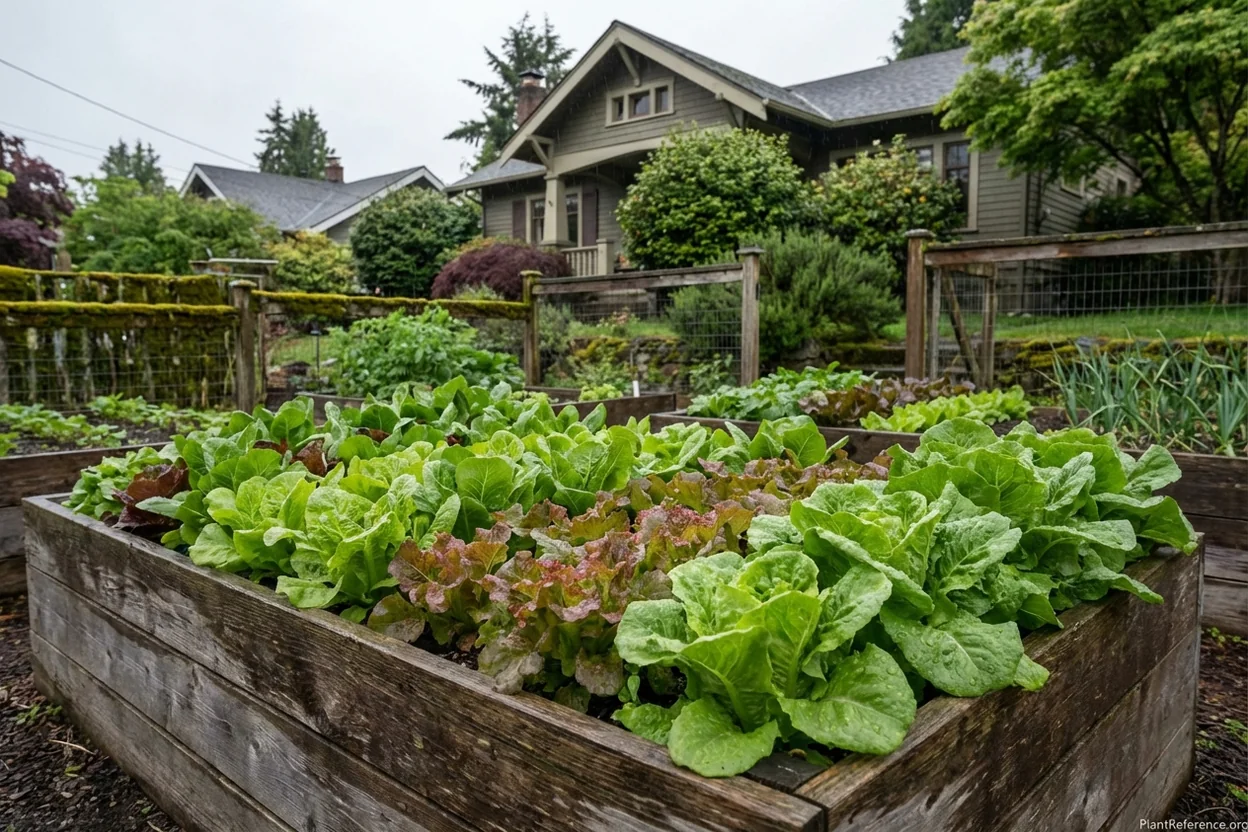 Lettuce growing in Seattle Zone 8b garden in early spring under overcast skies