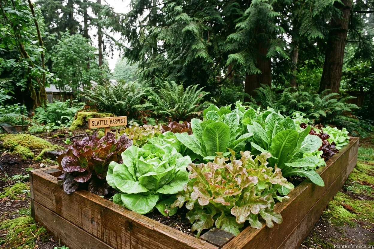 Multiple lettuce varieties growing in Seattle Zone 8b garden in mild Pacific Northwest conditions