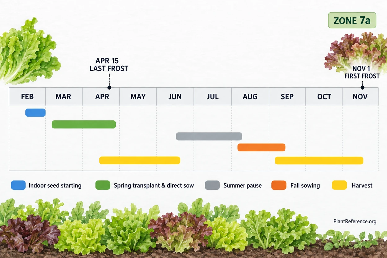New York lettuce planting calendar showing spring and fall windows for Zone 7a