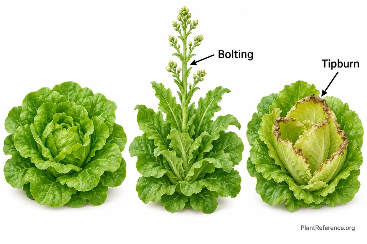 Lettuce showing bolting stalk and tipburn leaf margins in a New York garden