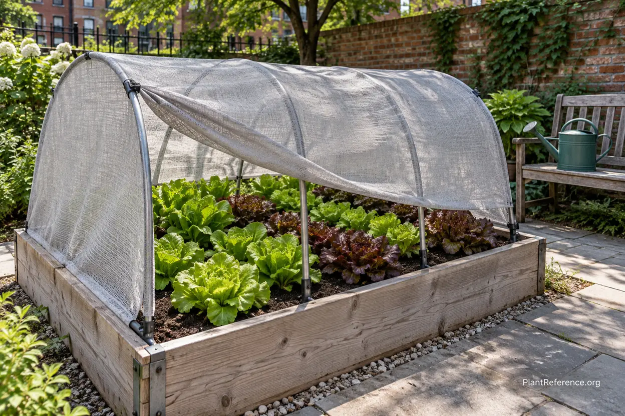 Shade cloth over hoops protecting lettuce from heat in a New York summer garden
