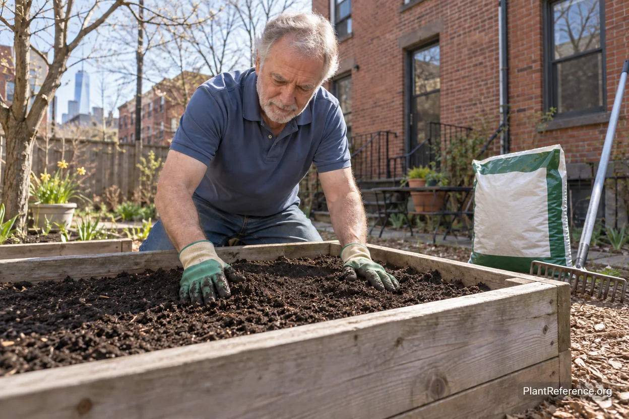 Raised bed amended with compost ready for lettuce planting in a New York spring garden