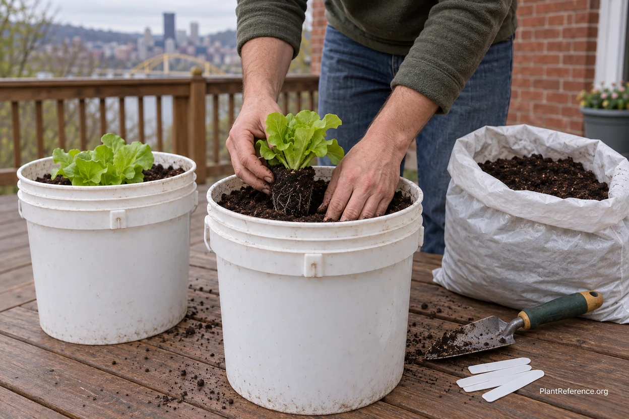 Lettuce seedlings transplanted into containers on a Pittsburgh patio in spring