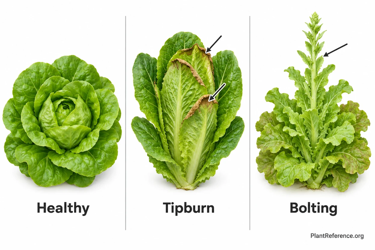 Lettuce problem identification showing tipburn margins and an early bolting stalk