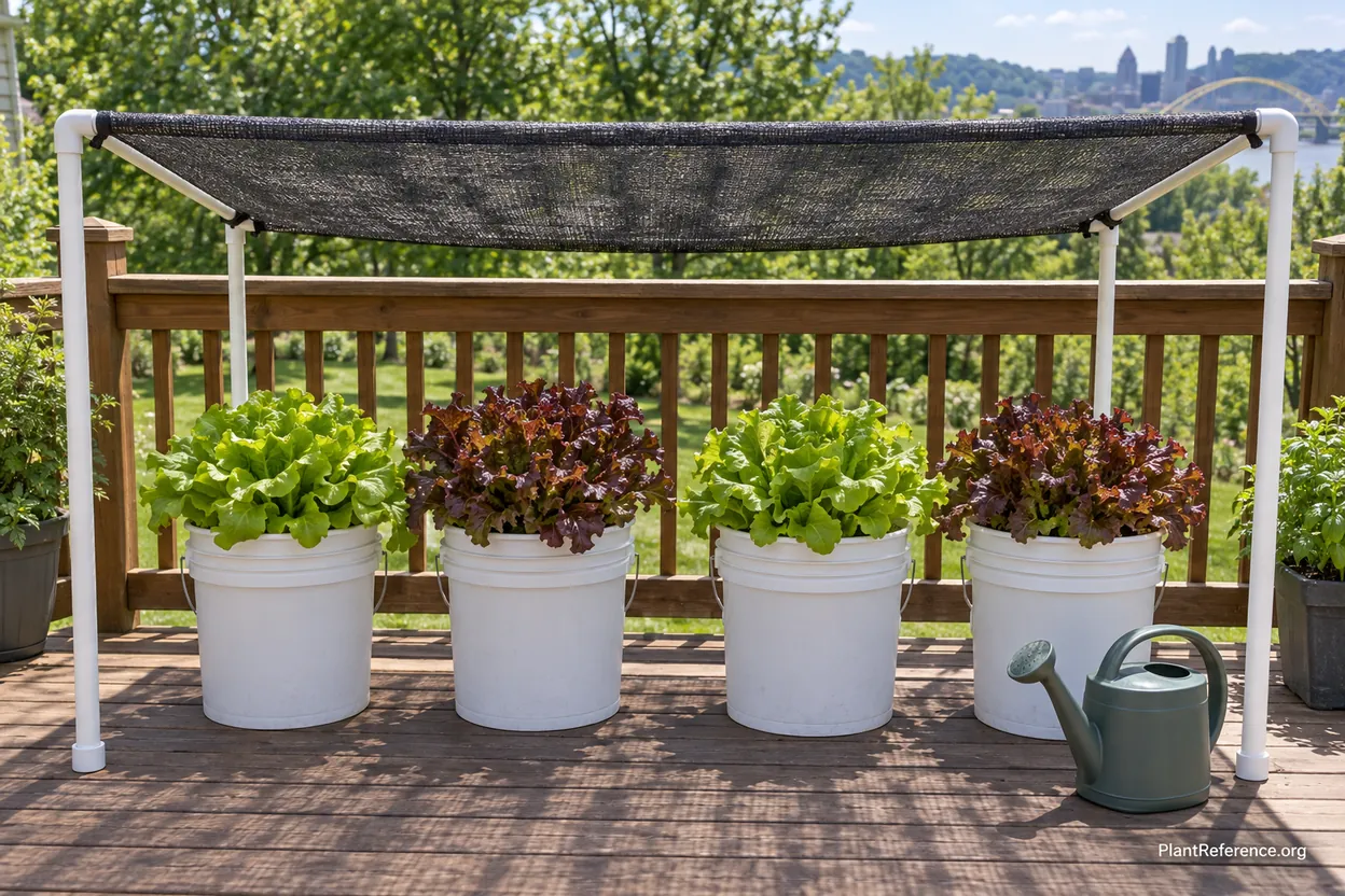 Shade cloth over lettuce containers extending the harvest in a warm Pittsburgh spring