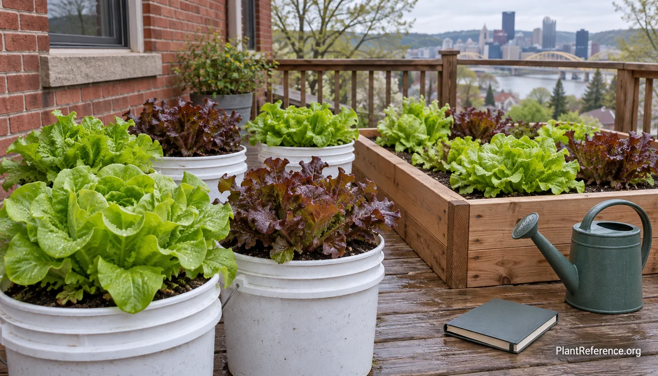 Lettuce growing in containers and a raised bed on a Pittsburgh Zone 6b patio in spring