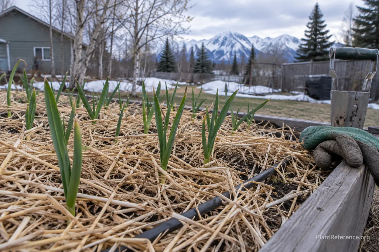 Hardneck garlic shoots emerging through deep straw mulch in an Anchorage Zone 4b spring garden with snow patches nearby