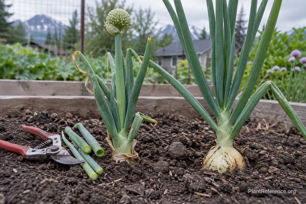 Bolted onion compared with a healthy bulbing onion in an Anchorage garden bed