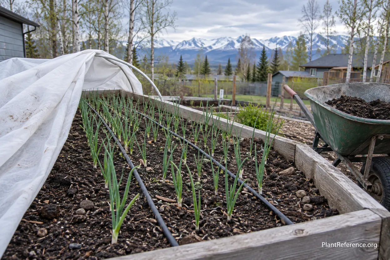 Onion transplants newly set in a raised garden bed under partially opened row cover in an Anchorage spring garden