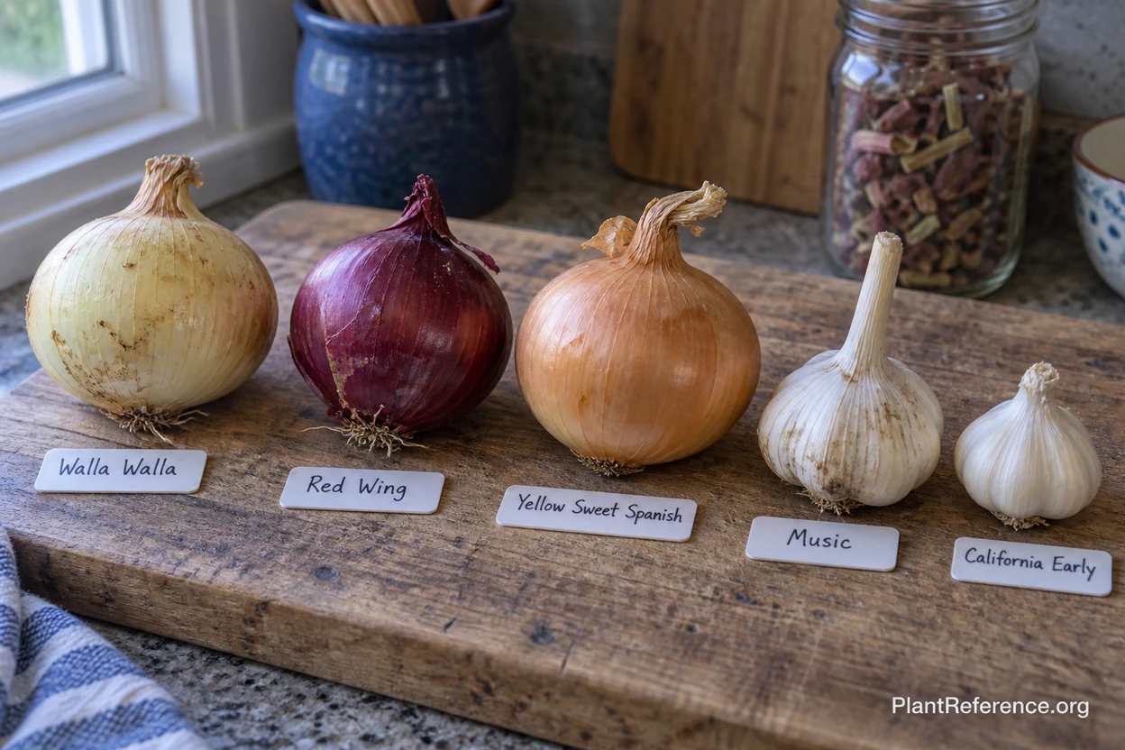 Three onion varieties and two garlic varieties compared side by side for Anchorage Zone 4b gardens