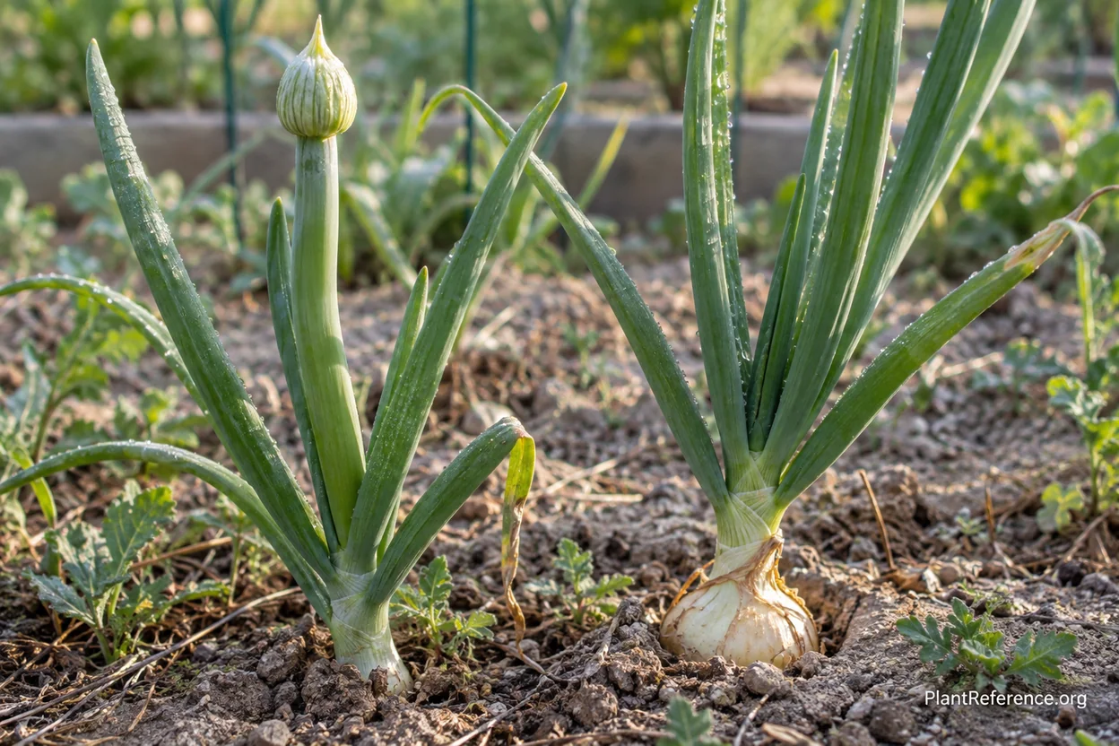 An onion sending up a flower stalk beside a healthy bulbing onion in a Boise garden