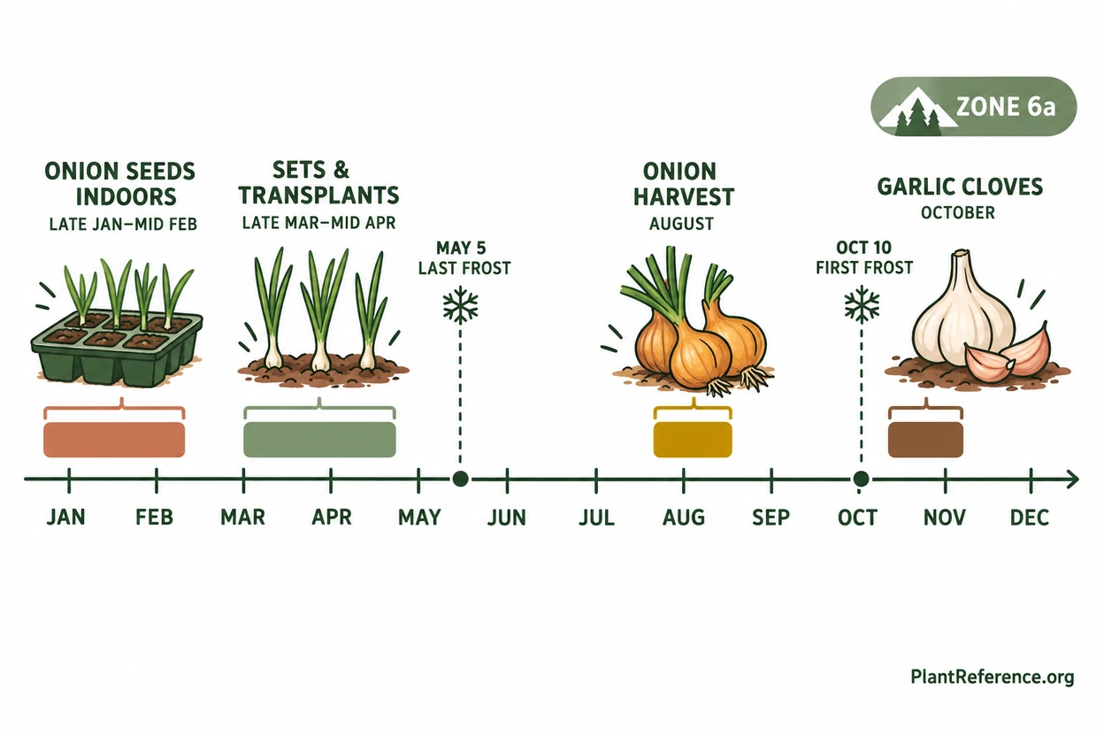 Boise onion and garlic planting calendar showing indoor start, transplant, and fall garlic dates for Zone 6a