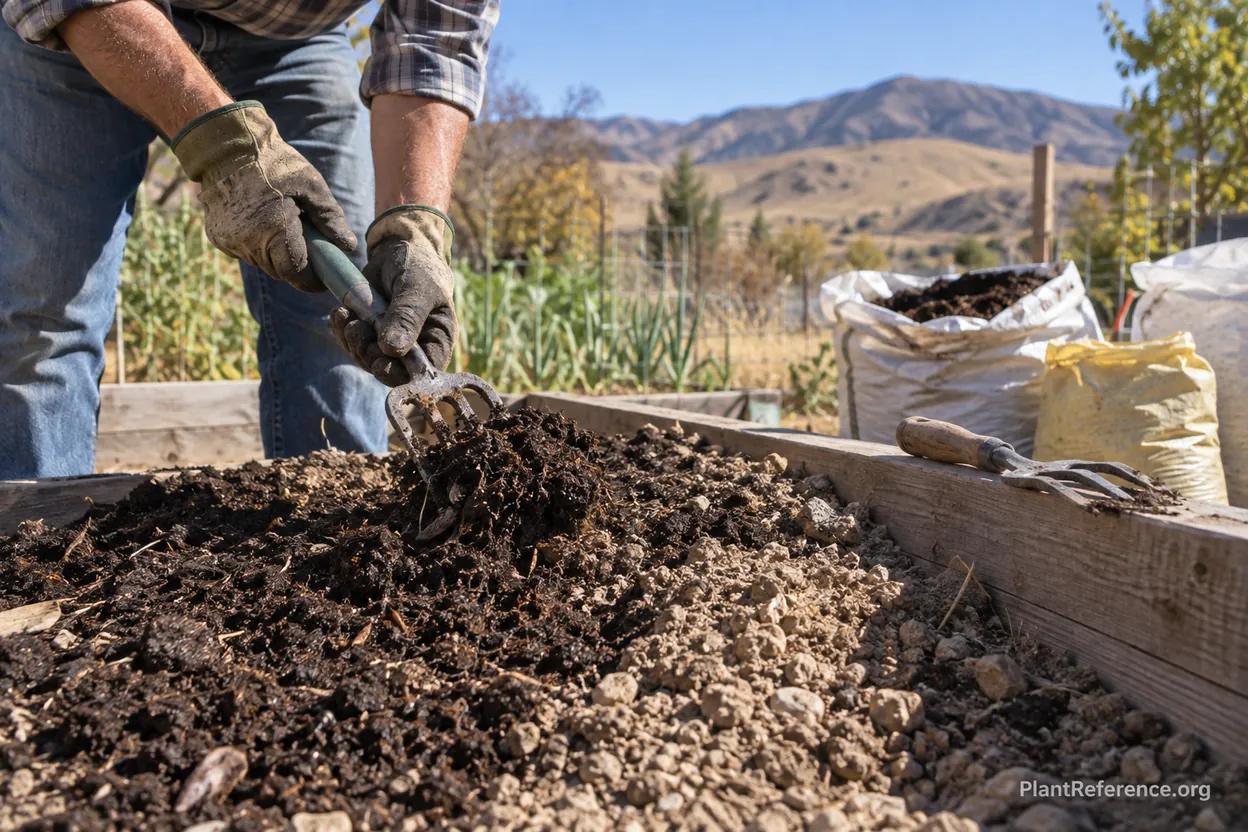 Dark compost being worked into pale alkaline Boise garden soil to prepare an onion bed