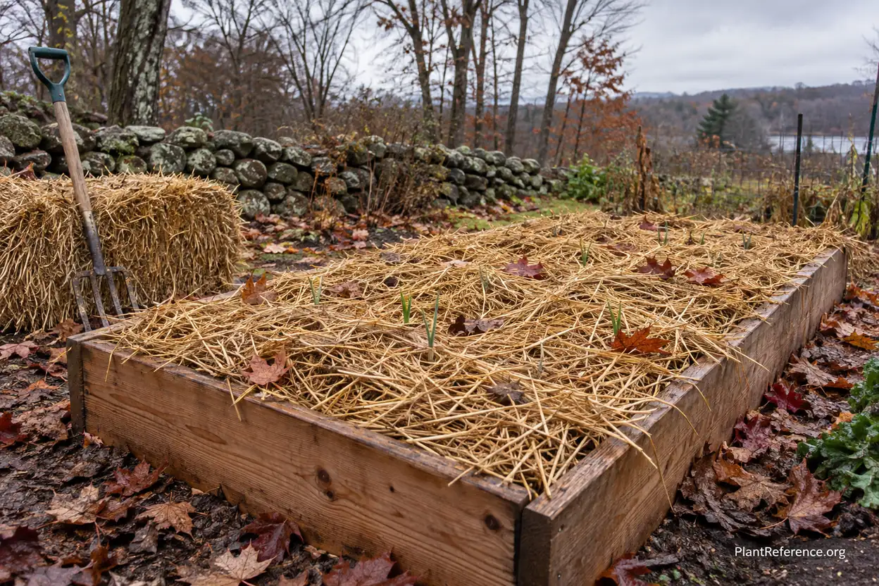 Straw-mulched garlic bed prepared for winter in a Boston Zone 6b garden