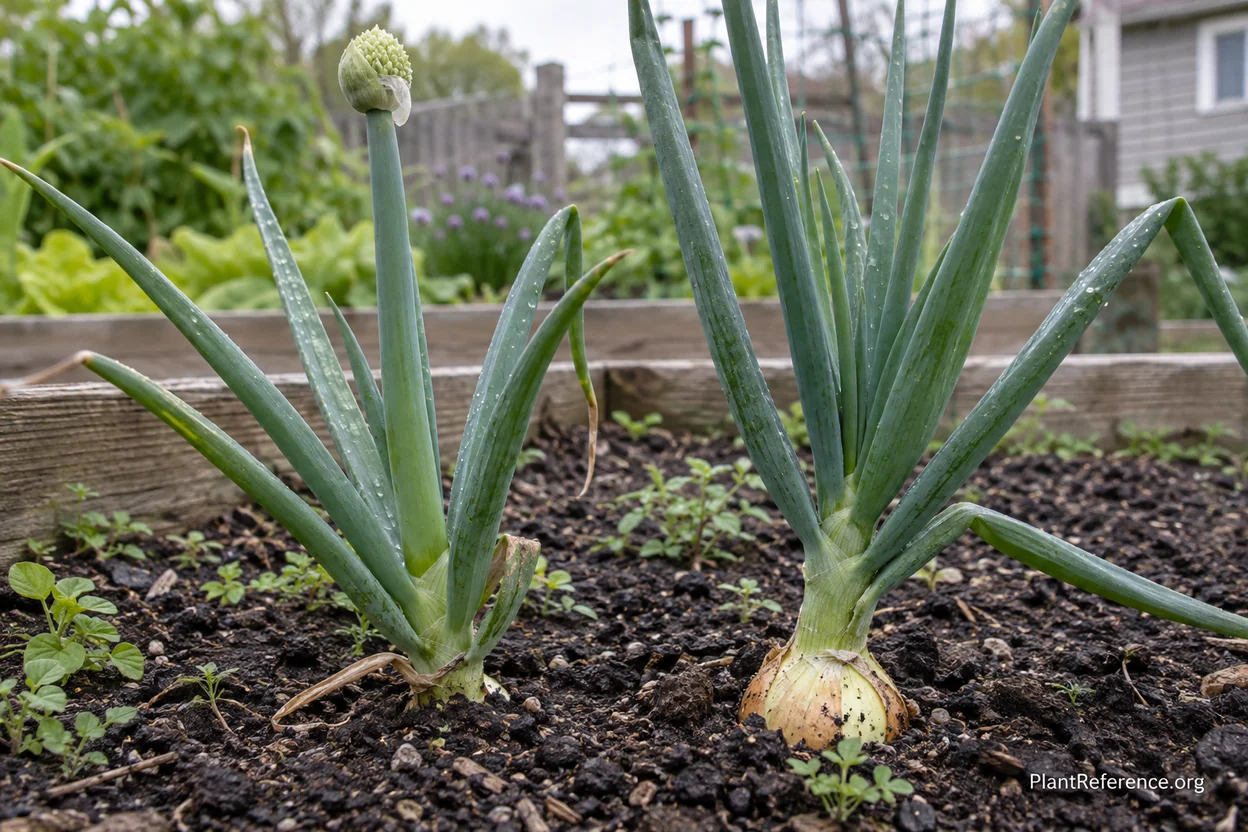 An onion sending up a flower stalk beside a healthy bulbing onion in a Boston garden