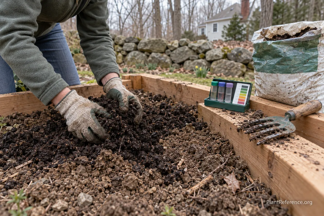 Compost being worked into dark loamy soil in a Boston raised bed to prepare an onion bed