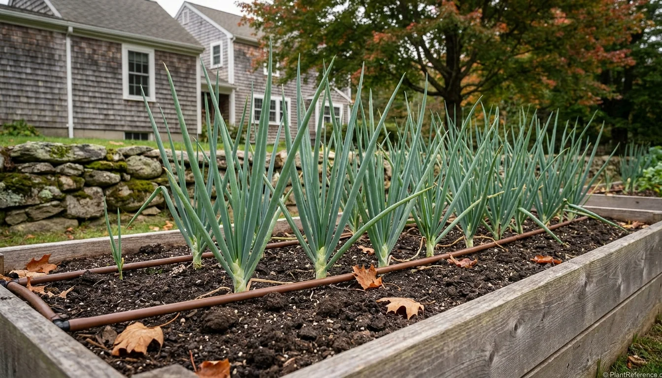 Long-day onions with tall green tops maturing in a Boston Zone 6b raised-bed garden in late summer