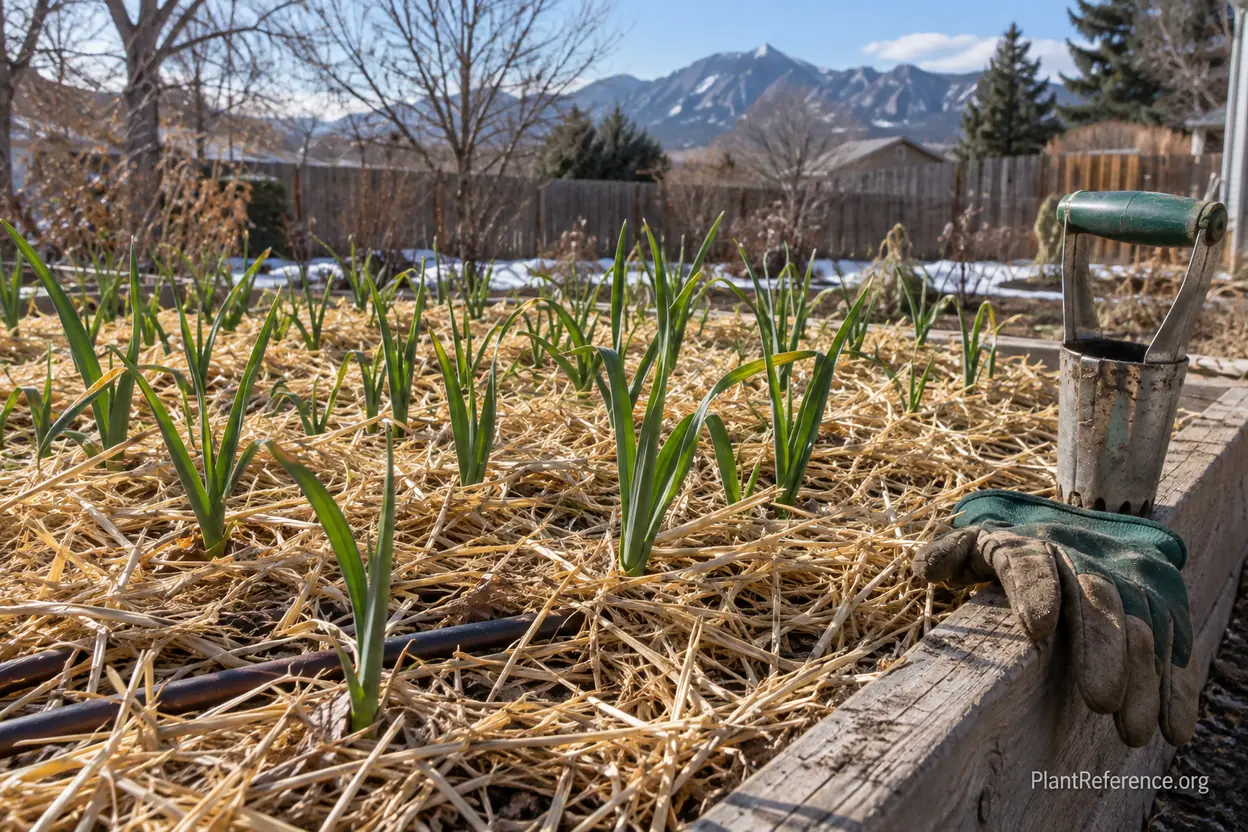 Hardneck garlic shoots emerging through deep straw mulch in a Denver Zone 5a spring garden