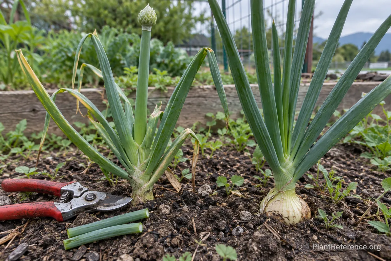 Bolted onion compared with a healthy bulbing onion in a Denver garden bed