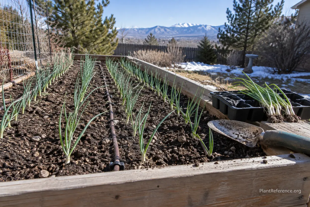 Onion transplants newly set in an amended raised garden bed in a Denver spring garden