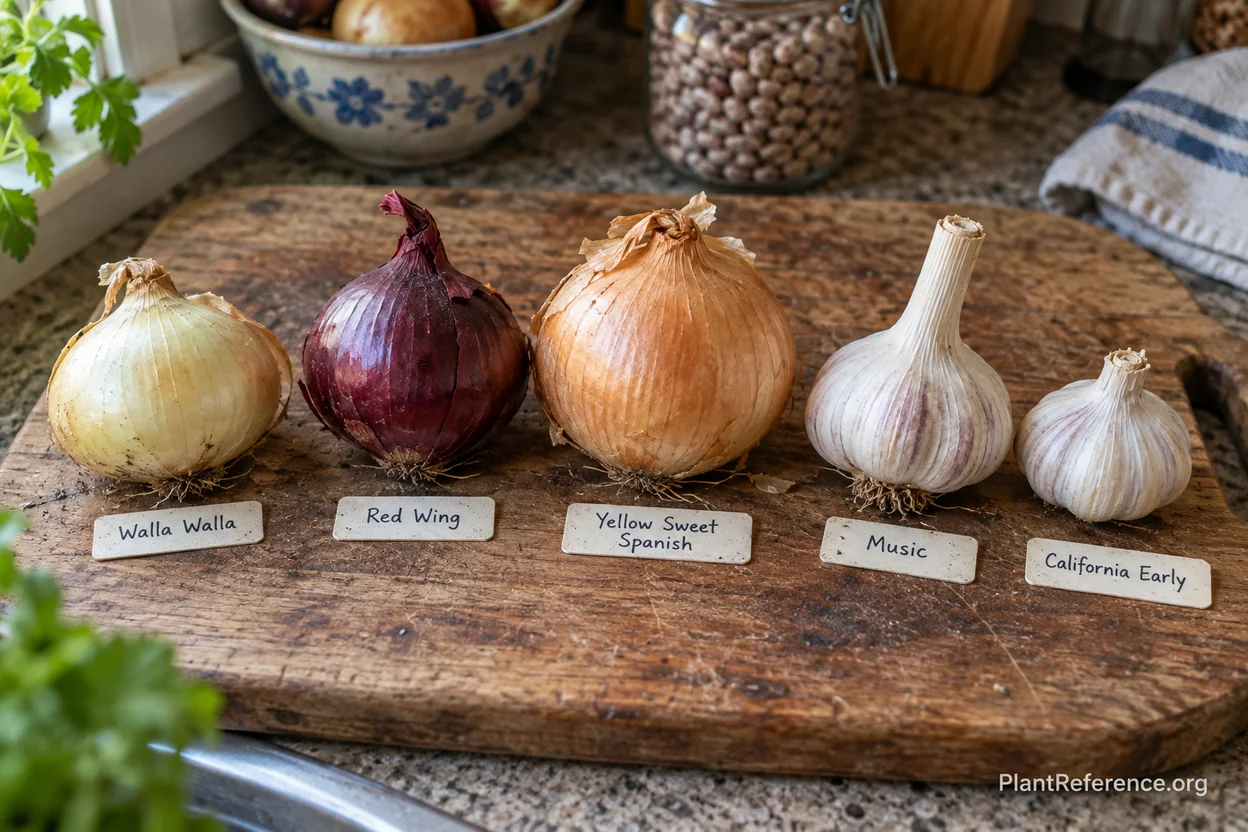 Three onion varieties and two garlic varieties compared side by side for Denver Zone 5a gardens