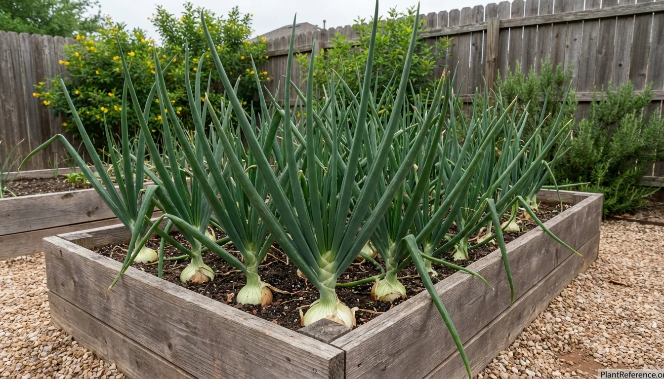 When to plant onions in Austin - healthy onion plants in Zone 8b garden showing proper fall planting results
