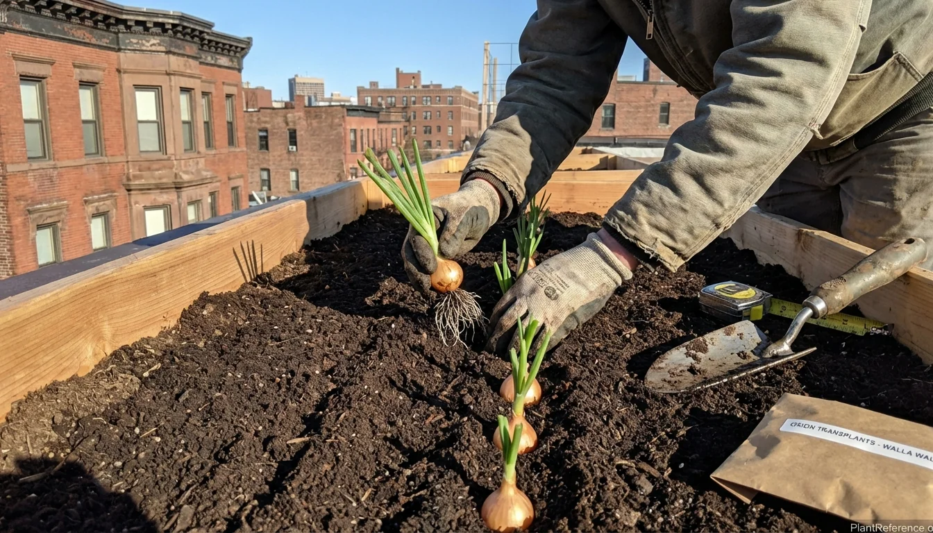 When to plant onions in Boston - onion transplants in garden bed with Boston skyline background