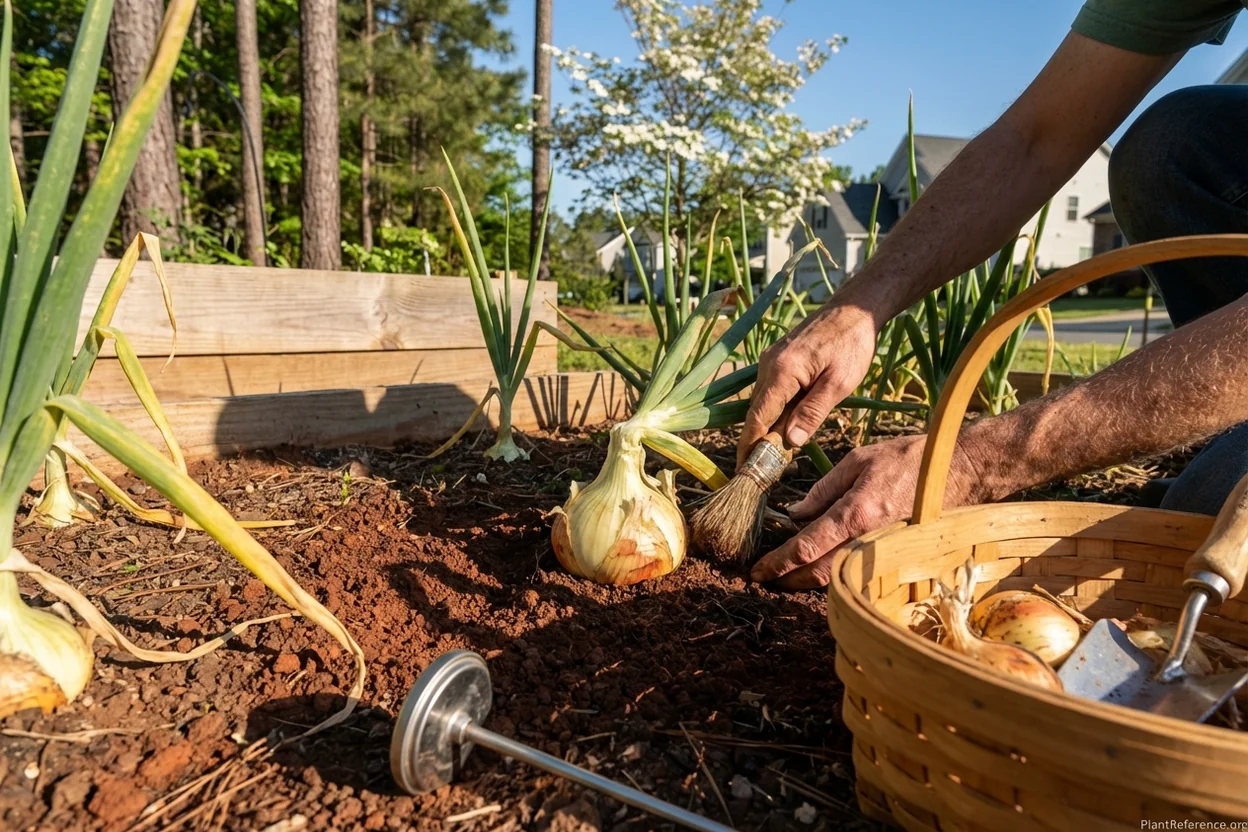 Charlotte Zone 7b onion harvest showing properly developed bulbs ready for curing