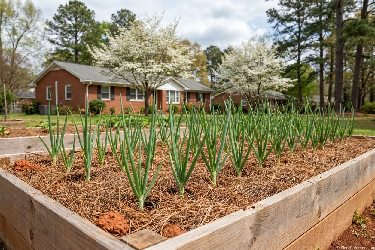 Charlotte Zone 7b onion bed with pine straw mulch and proper plant spacing