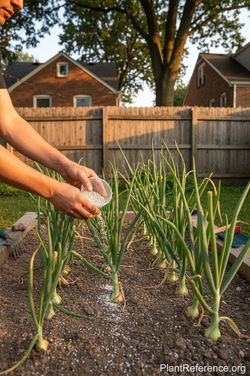 Applying side-dress fertilizer to onions in Chicago Zone 6a garden in June