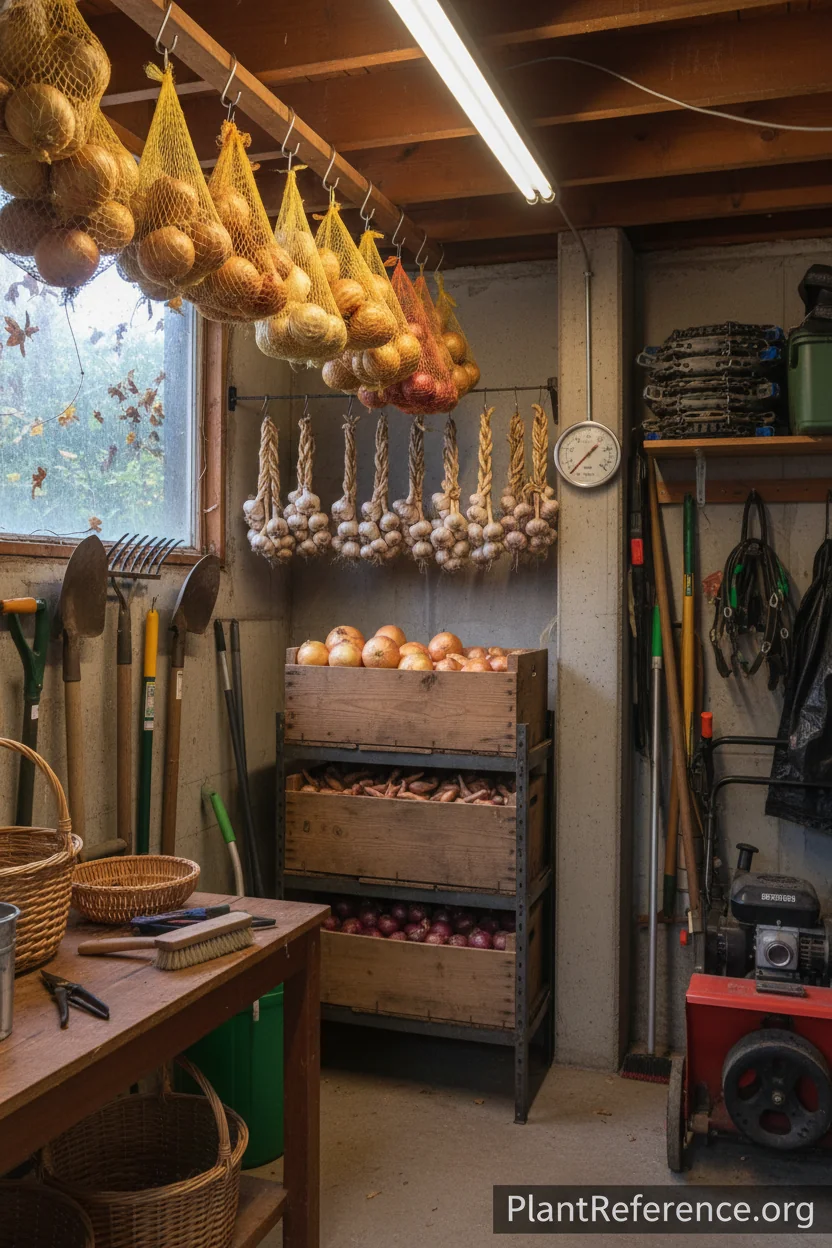 Long-term storage setup for cured onions and garlic in Chicago garage