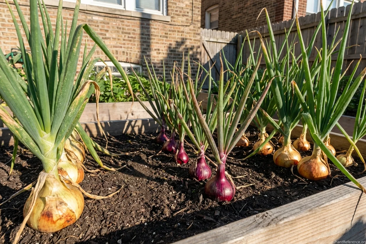 Walla Walla, Red Wing, and Yellow Sweet Spanish onions growing in Chicago Zone 6a garden