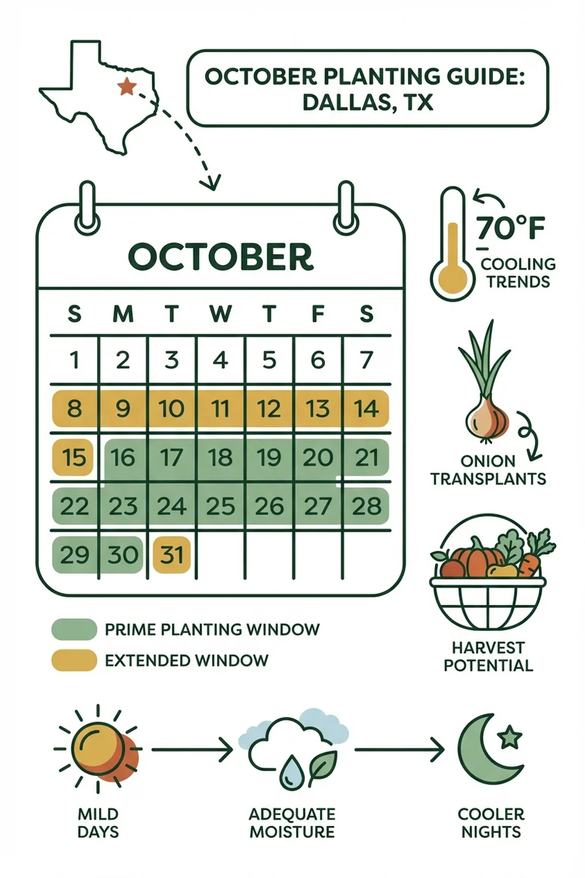 Dallas Zone 8a onion planting calendar showing October through December planting dates