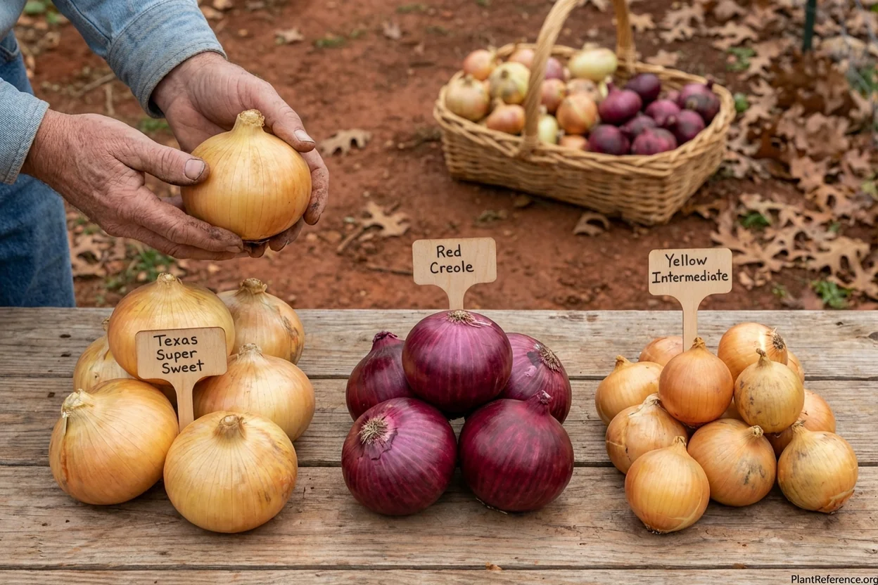 Texas Super Sweet, Red Creole, and intermediate onion varieties growing in Dallas Zone 8a
