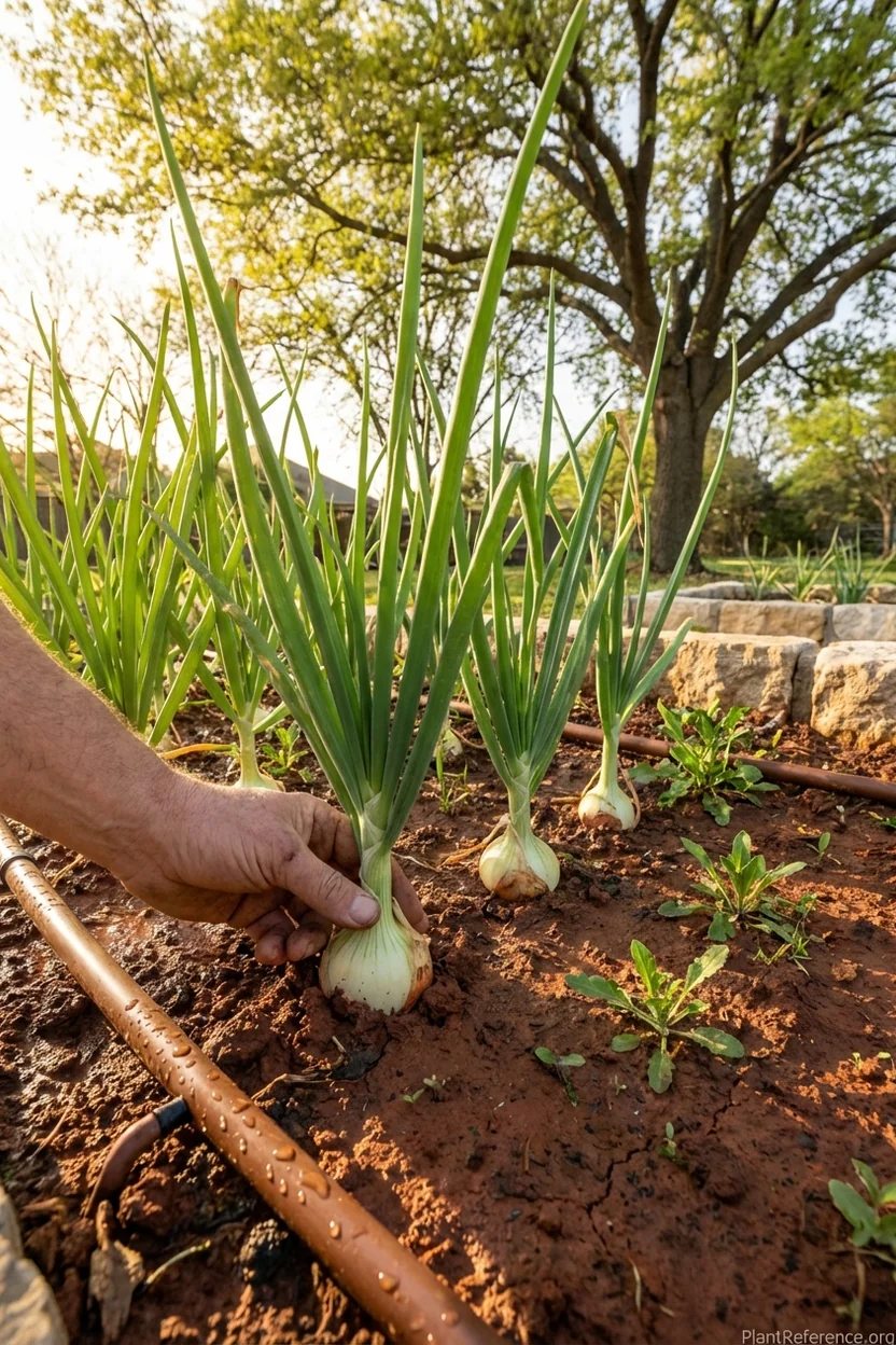 Dallas onions showing spring bulb development in Zone 8a garden with irrigation