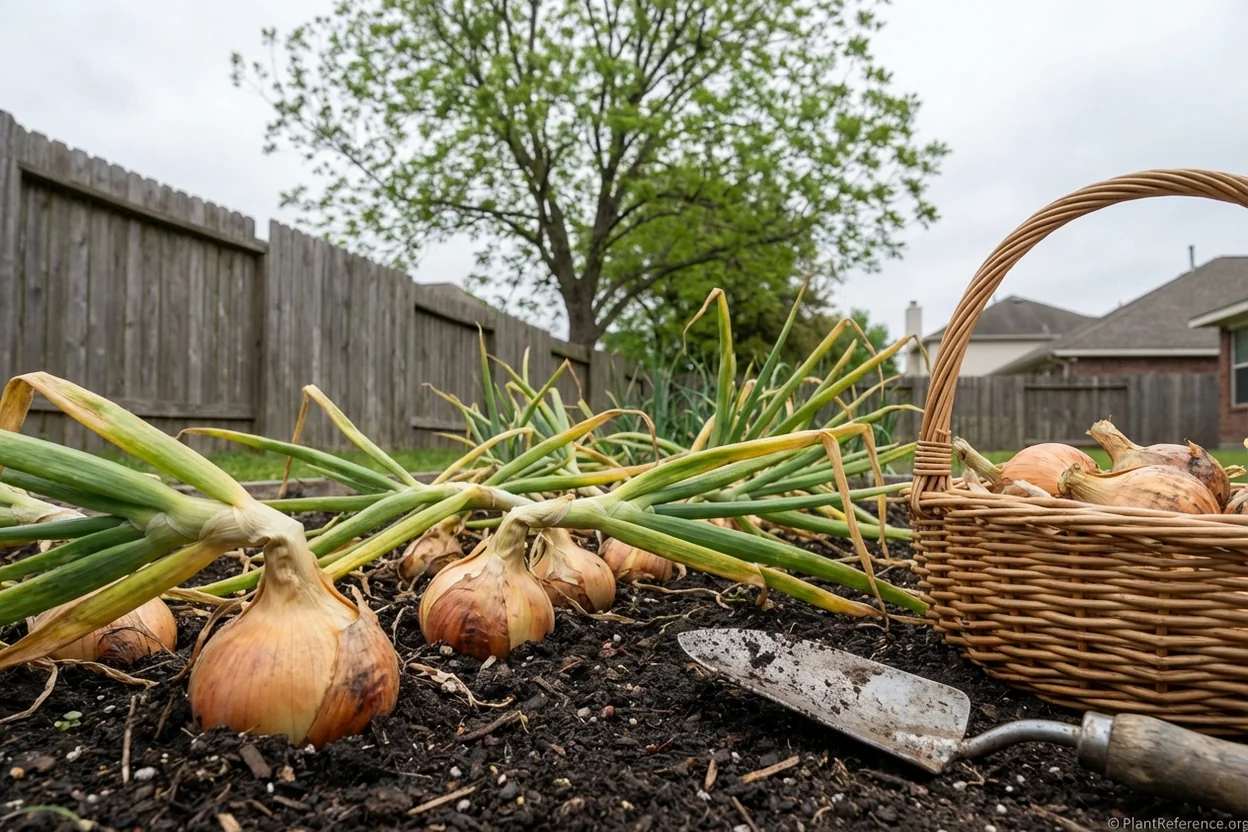 Mature short-day onions ready for harvest in Houston garden showing proper bulb development