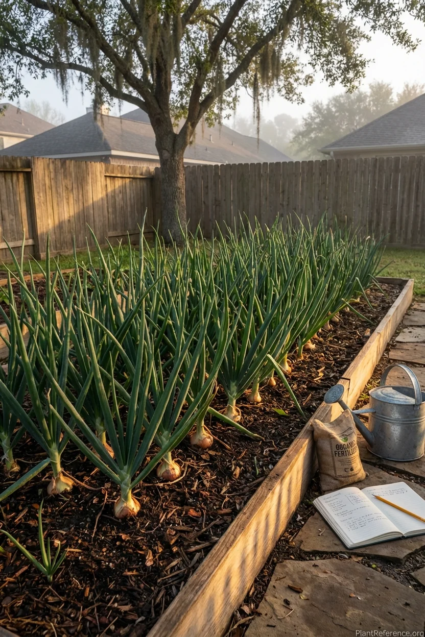 Healthy onion plants in Houston garden during March showing vigorous spring growth