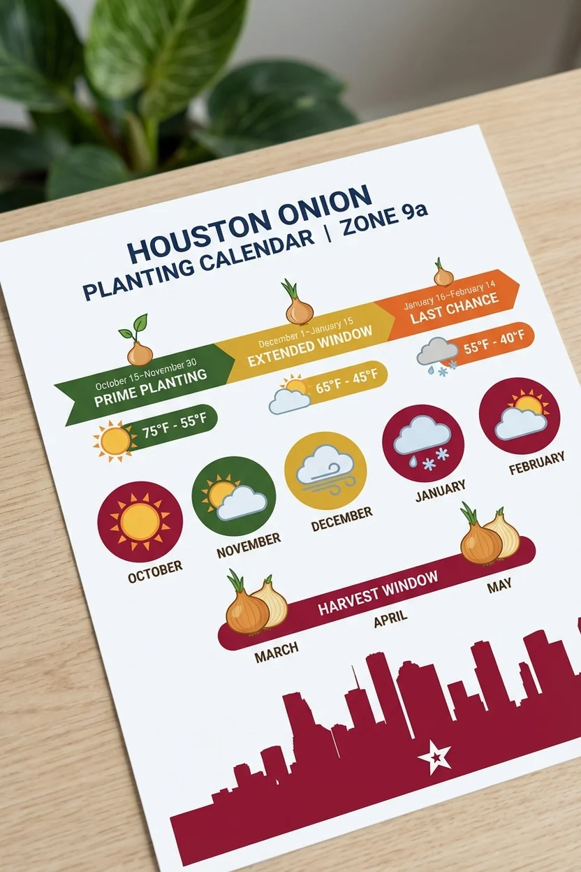 Houston onion planting calendar showing October through January planting windows