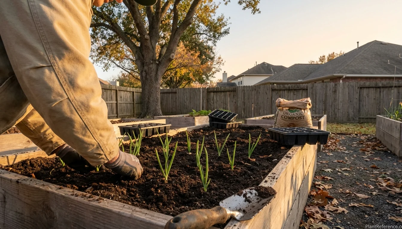 Short-day onion transplants being planted in Houston garden in November for spring harvest