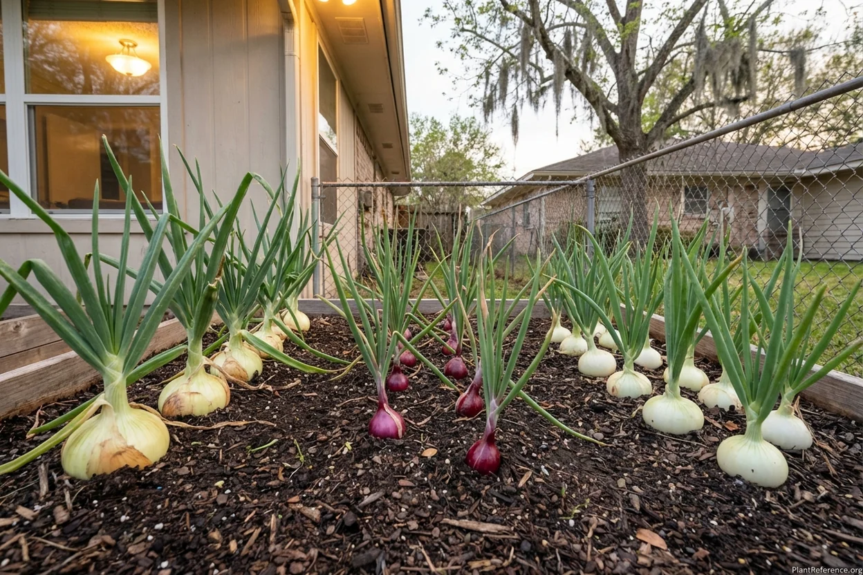 Different short-day onion varieties including Texas Super Sweet and Red Creole growing in Houston garden