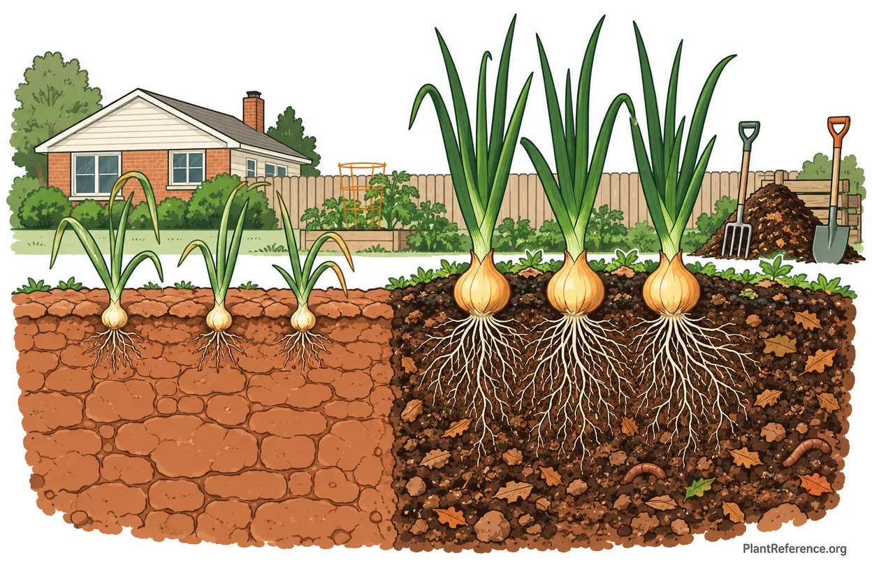 Side by side comparison of onion growth in Indianapolis clay soil versus compost amended soil