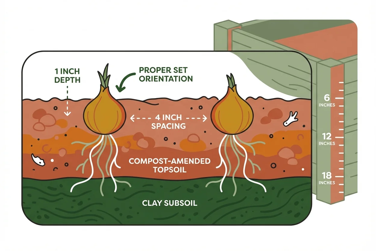 Proper onion set planting depth demonstration showing correct soil level for Indianapolis gardens