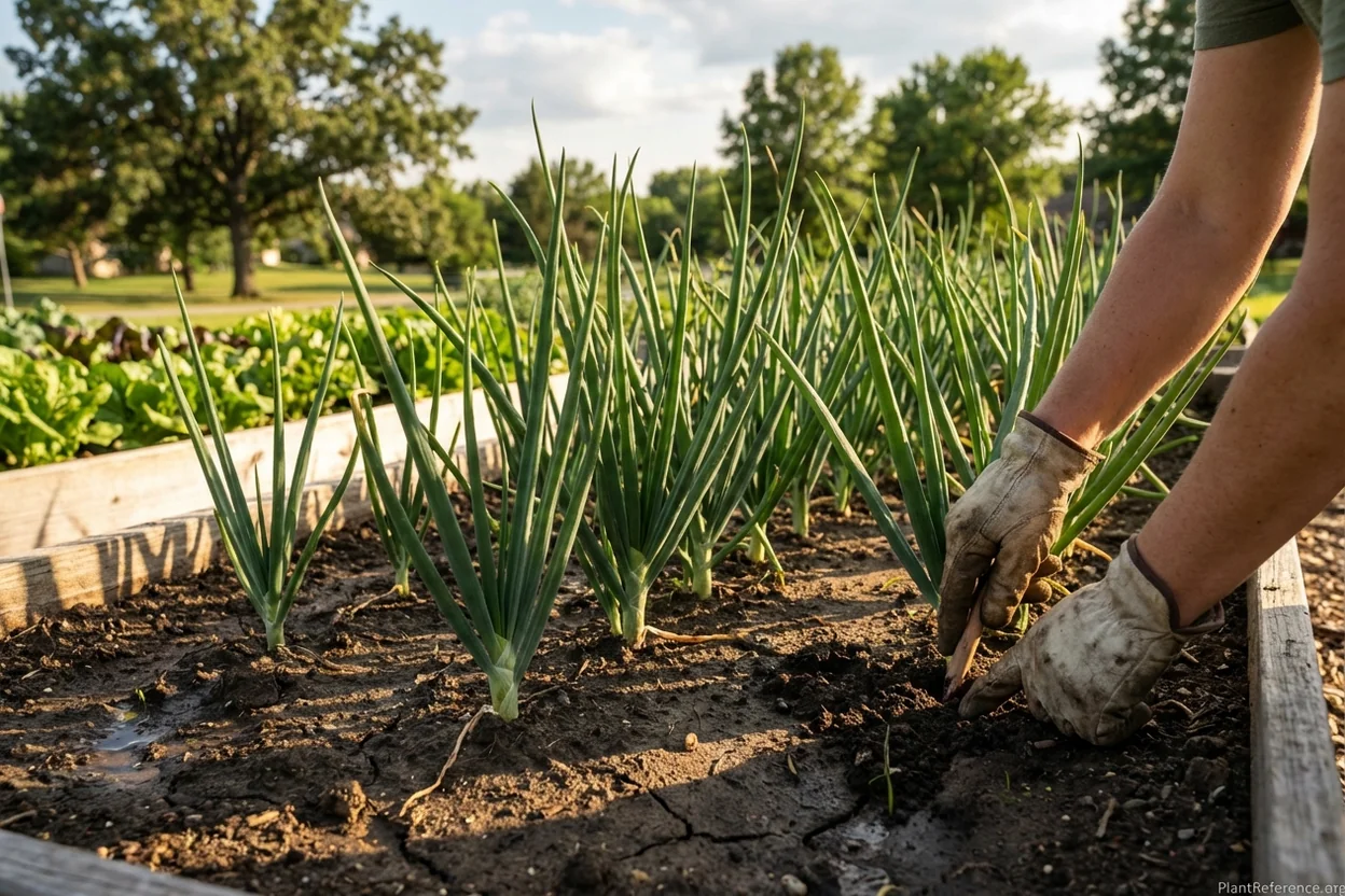 Candy intermediate-day onions growing in Kansas City Zone 6a garden with healthy green foliage